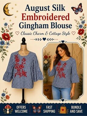 August Silk Blue White Gingham Embroidered Bell Sleeve Blouse Size XLarge